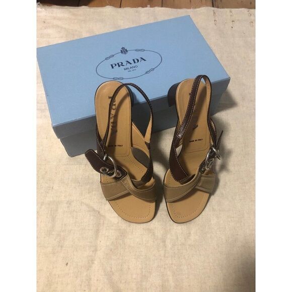 PRADA Sandals Crisscross Slingback Heels Leather Nylon Brown Size 36.5 - Picture 8 of 9